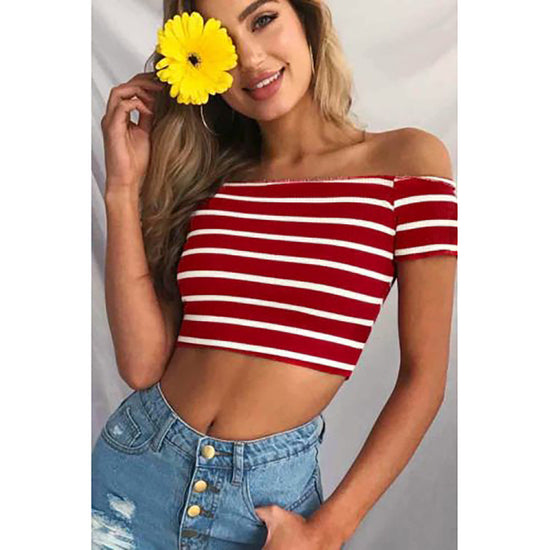 Image Title Red Striped Off Shoulder Crop Top - Model 2